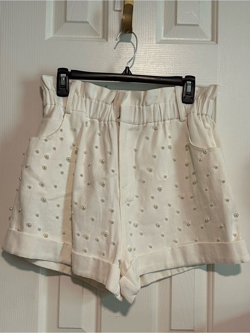 Sexy White Pearl-Stud High Waist Women's Shorts Sz Large